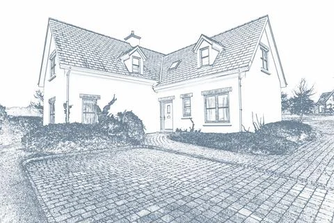 Flat design showing detached L-shaped two-story house with brick paver driveway, Stock Illustration