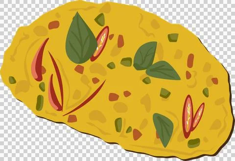 Flat design showing diced veg omelette slice on transparent background, basil 스톡 일러스트