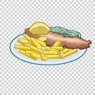 Flat design is showing fish and chips on transparent background with lemon wedge Stock Illustration