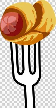 Flat design showing fork skewering flaky sausage rolls with pink inside on Stock Illustration