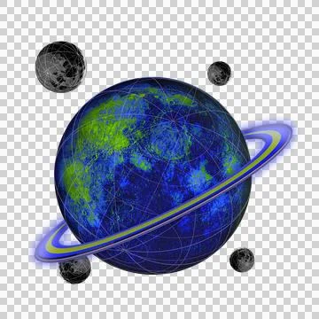 Flat design showing four wireframe moons orbiting planet with gridlines, ring, Stock Illustration