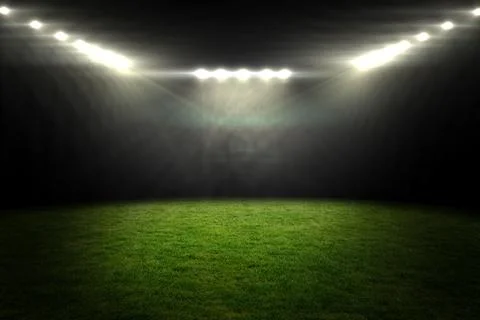 Flat design showing fresh cut grass field glowing under stadium floodlights Stock Illustration