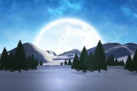 Flat design is showing full moon shining over snowy hills with pine trees and Ilustração Stock