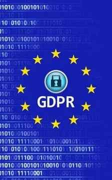 Flat design is showing GDPR padlock emblem floating over blue binary code with 스톡 일러스트