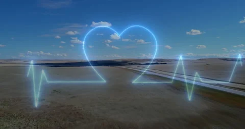 Flat design showing glowing neon-blue ECG waveform forming heart shape over Vidéo 309282392