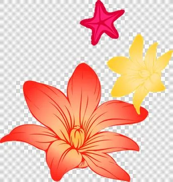 Flat design showing gradient lily, yellow bloom and magenta star floating on Stock Illustration