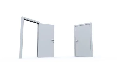 Flat design showing gray lever-handled doors on white backdrop open framed and Stock Illustration