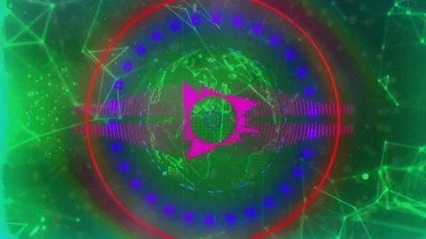 Flat design showing green globe being surrounded by magenta waveform ring and Stock Footage 309108931