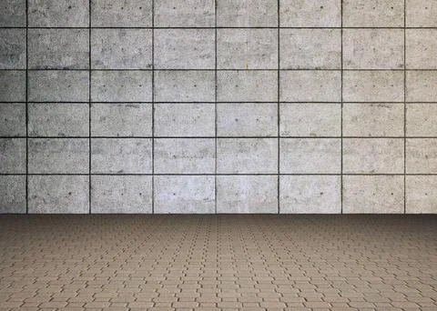 Flat design showing grid-pattern concrete wall rising above brick pavement under 스톡 사진