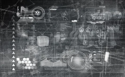 Flat design is showing HUD interface with gauges, bar chart, waveform overlaying Stock Illustration
