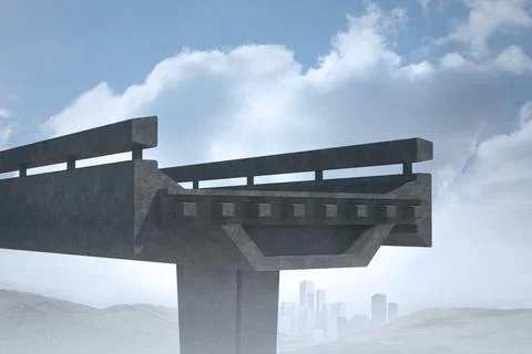 Flat design showing incomplete bridge ending midspan with exposed rebar and Stock Illustration