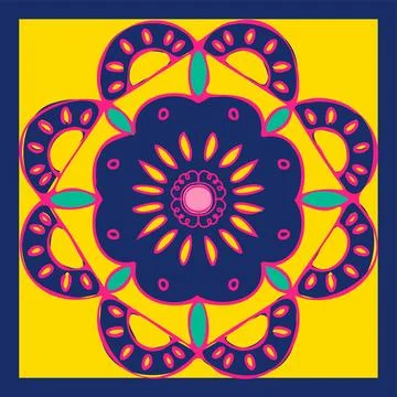 Flat design is showing mandala with navy rosette petals, loops and leaves on イラスト素材