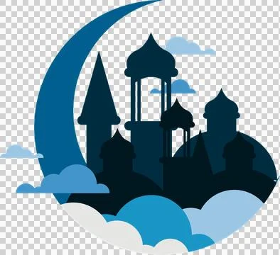 Flat design showing mosque-like skyline in crescent moon over cloud layers, Stock Illustration