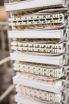 Flat design showing network punch-down panel featuring white terminal blocks Stock Photos