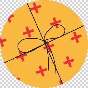 Flat design showing orange disc with red plus signs and black ribbon bow on Stock Illustration