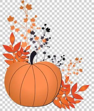 Flat design showing orange pumpkin with stem and leaf and floral branches, Stock Illustration