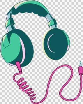 Flat design is showing over-ear headphones with teal accents, magenta cable, Stock Illustration