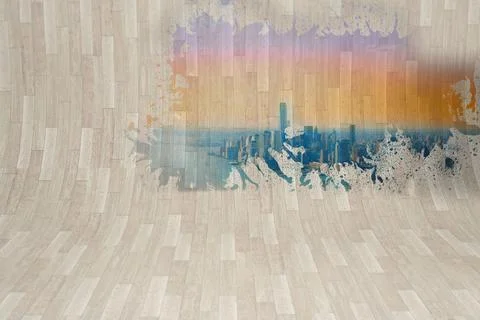 Flat design showing paint-splatter city skyline at sunset on curved light wood Stock Illustration