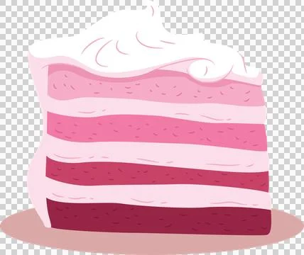 Flat design showing pink cake slice with whipped topping on plate on transparent Stock Illustration