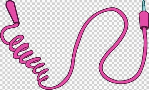 Flat design is showing pink coiled audio cable stretching with jack on Stock Illustration