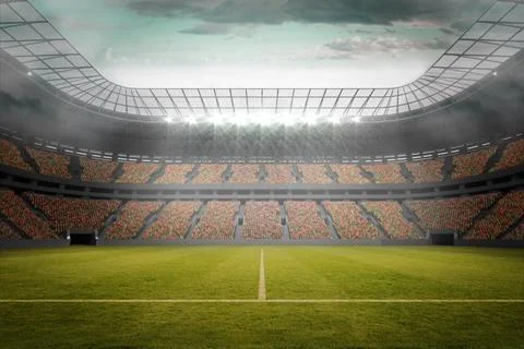 Flat design is showing pitch with white center line, stadium roof, floodlights, Stock Illustration