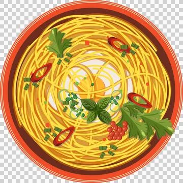 Flat design showing plate with spaghetti nest, chili rings and scallions on Illustrazione stock