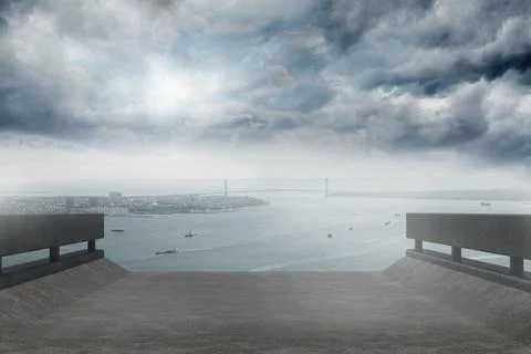 Flat design showing platform overlooking river and boats, bridge and skyline イラスト素材