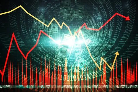 Flat design showing red and yellow charts with red bars on green binary Stock Illustration