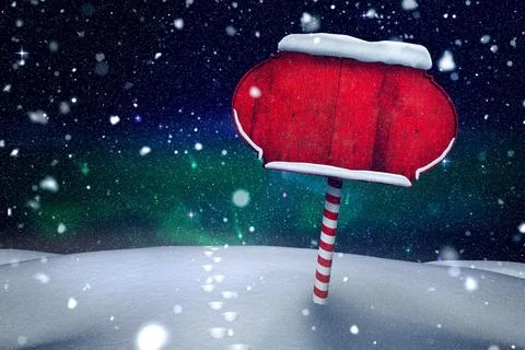 Flat design is showing red snow-trimmed sign on candy-stripe post beside Stock Illustration