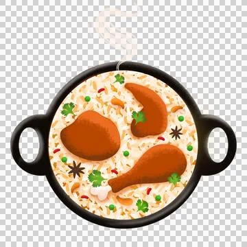 Flat design showing rice and chicken in top view with peas, nuts, spices, Stock Illustration