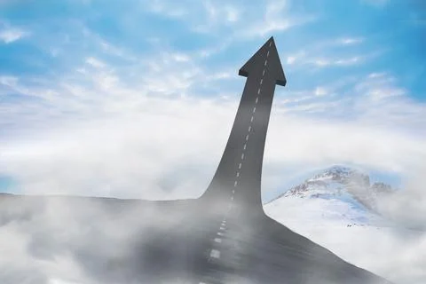 Flat design is showing road morphing into arrow in fog with dashed line near Foto stock