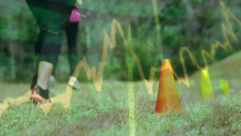 Flat design showing runner legs weaving through bright cones on training field Video stock 307548035