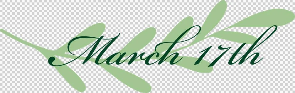Flat design is showing script March 17th lettering over green leaf branch, Illustrazione stock