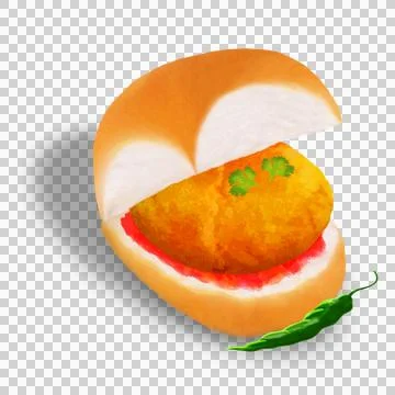 Flat design showing split roll with patty, red chutney, coriander chili on Stock Illustration