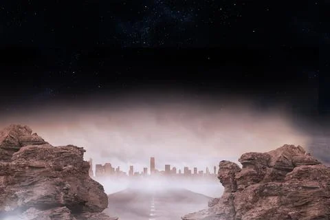 Flat design showing straight road cutting cliffs into rising fog, revealing Stock Illustration