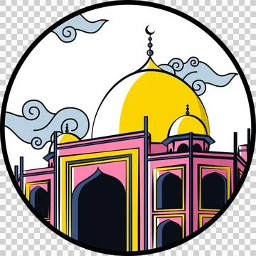 Flat design showing stylized mosque with golden domes and swirling clouds, Illustrazione stock