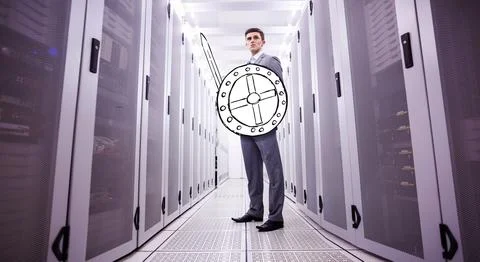 Flat design showing suited man guarding servers in data center aisle with shield Stock Photos