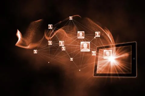 Flat design showing tablet emitting glowing avatar nodes connected by lines with Stock Illustration