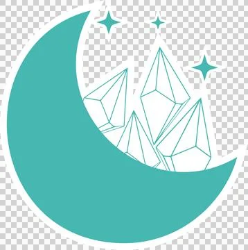 Flat design is showing teal crescent moon encircling crystals with sparkles on Illustrazione stock