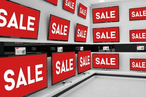Flat design showing televisions displaying SALE signs in retail showroom with Stock Illustration