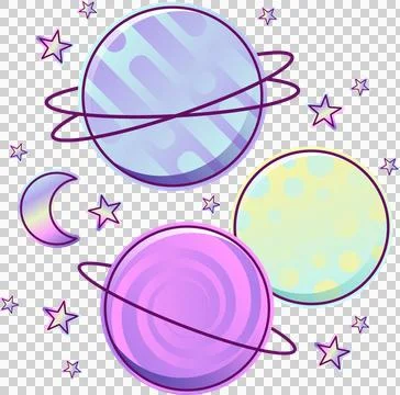 Flat design showing three floating pastel planets with rings, moon, stars on Ilustração Stock
