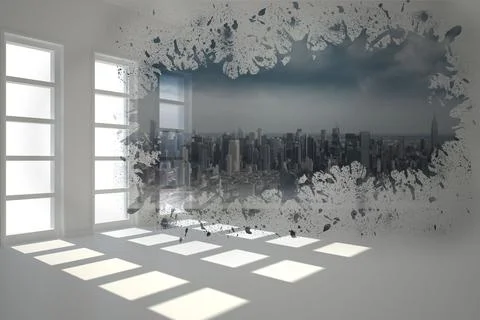 Flat design showing three windows casting patches on floor paint splatter mural Ilustración de archivo