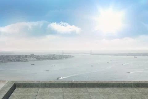 Flat design is showing tiled stone terrace with parapet overlooking sea with Foto stock