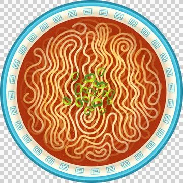 Flat design is showing top-down ceramic noodle bowl in red broth, scallions, Stock Illustration
