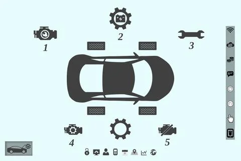 Flat design is showing top-down car with diagnostic icons and UI toolbars on Stock Illustration