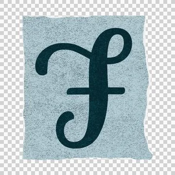 Flat design showing torn light blue paper with dark teal cursive letter f on Stock Illustration