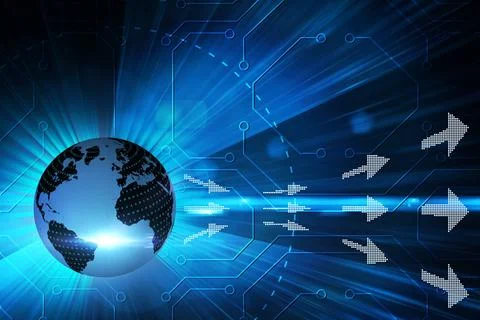 Flat design is showing translucent globe with binary code and dotted arrows over Stock Photos
