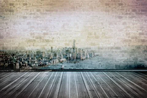 Flat design is showing translucent skyline mural overlaying aged brick wall and Stock Illustration