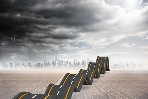 Flat design is showing twisted road is undulating on wooden deck with stormy Stock Photos