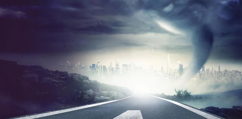 Flat design showing two lane road marked lines leading to stormy city skyline Stock Photos